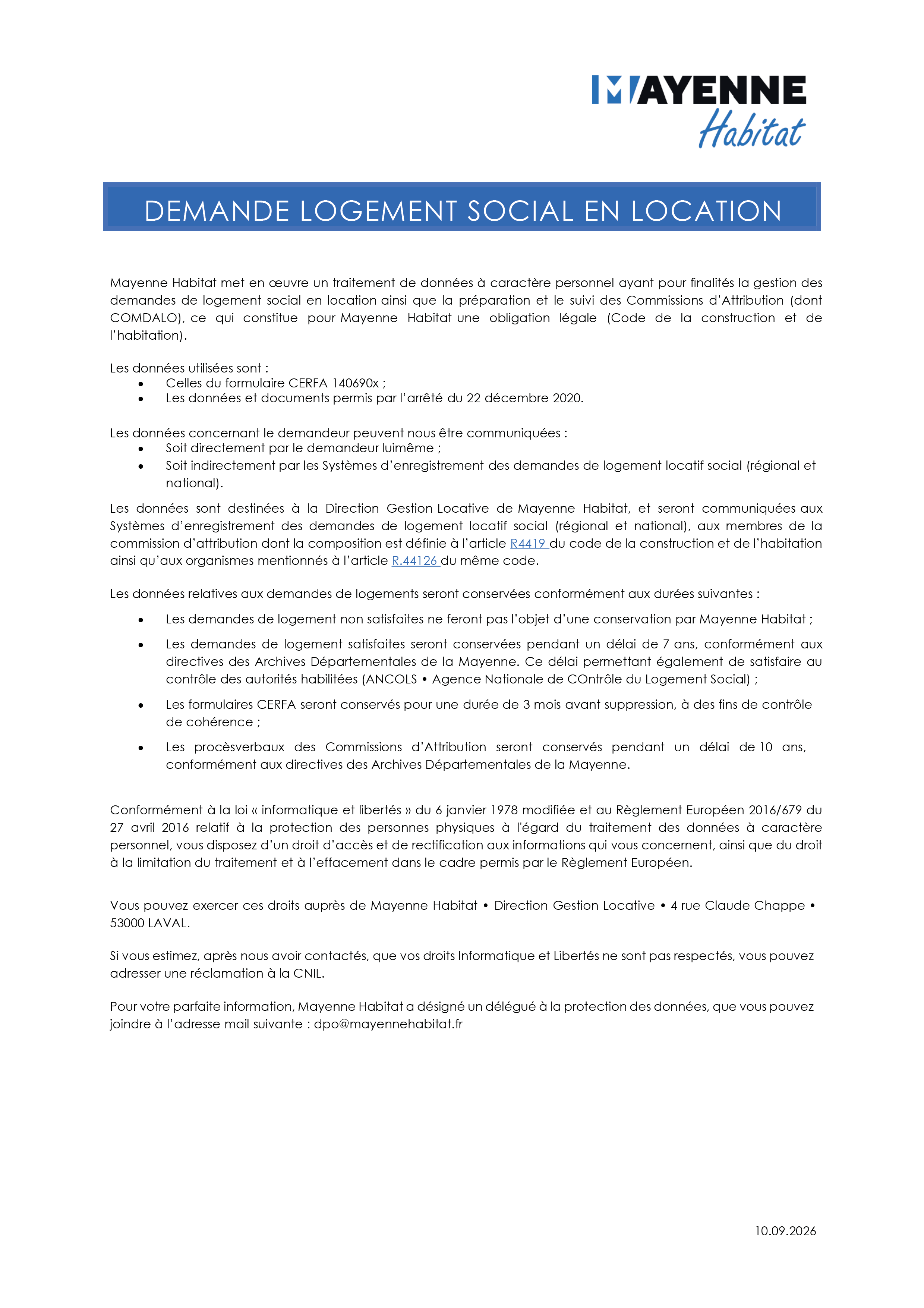 Fiche RGPD demande de logement 2026